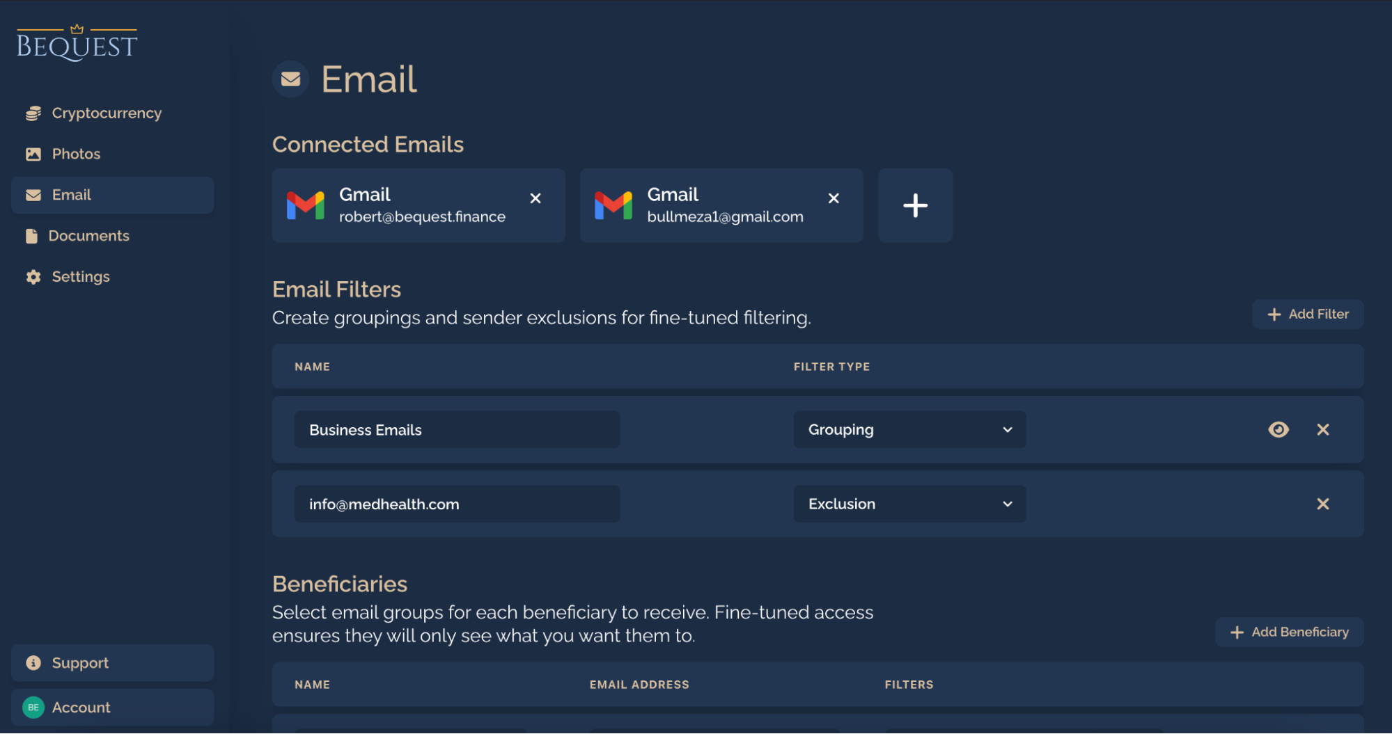 Demo image of Bequest's Email Account Inheritance